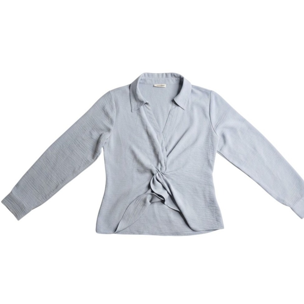 Calvin Klein Womens Light Blue Twist Front V-Neck Long Sleeve Blouse Top
